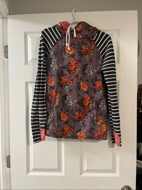 Floral & Striped Hooded Pullover - Purple with Orange Flowers